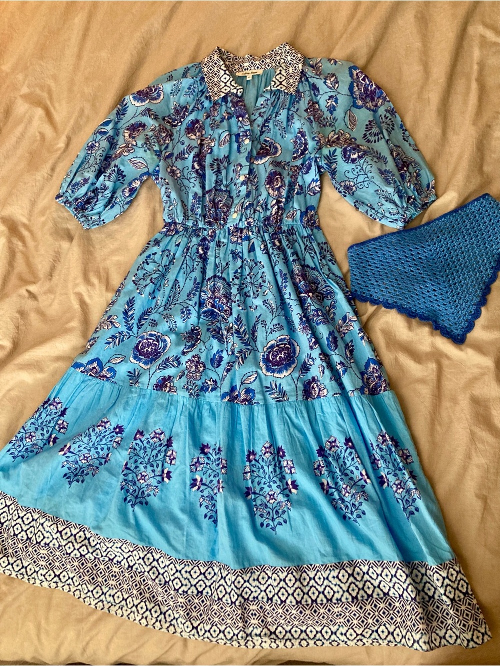 Celina Moon Blue Floral Paisley Print Maxi Midi dress
